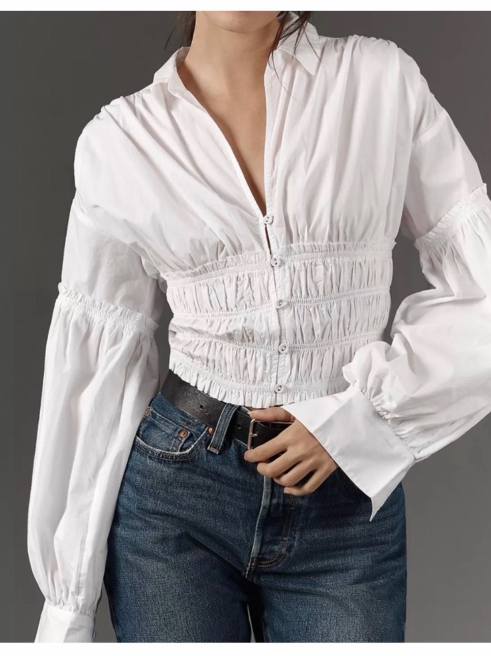 By Anthropologie Smocked Waist, Balloon-Sleeve White Blouse, Size Small